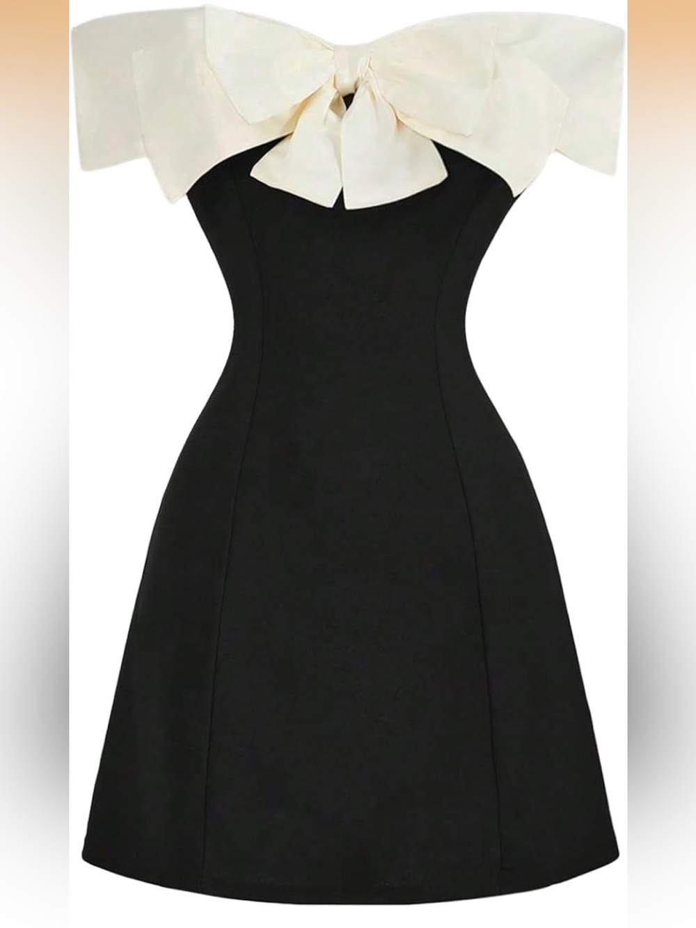Classic Black Fit-and-Flare Dress with Ivory Bow Detail